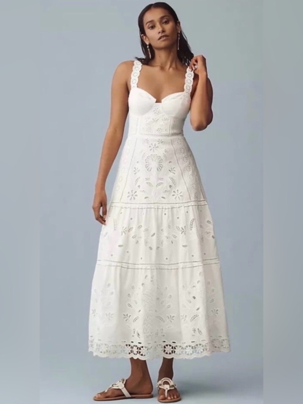 FARM Rio White Richillieu Sleeveless Midi Dress Broderie Anglaise Sz Medium NWOT